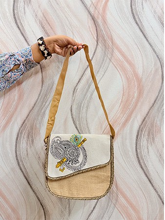 JUTE SLING BAG , MORPANKH FLUTE DESIGN , SUSTAINABLE