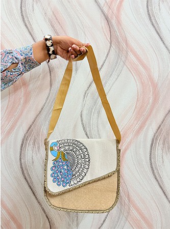 HANDPAINTED JUTE SLING BAG , MULTICOLOR PEACOCK DESIGN , ECO-FRIENDLY