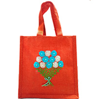 JUTE LUNCH BAG , FUSION OF HANDPAINTING AND HAND EMBROIDERY , SUSTAINABLE