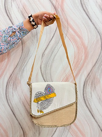 HANDPAINTED JUTE SLING BAG , MORPANKH FLUTE DESIGN , ECO-FRIENDLY