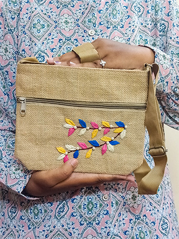 JUTE SLING BAG , HAND EMBROIDERY DESIGNER BAG , LEAF DESIGN , ECO-FRIENDLY