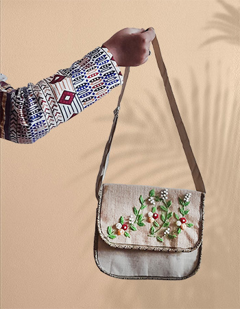 HAND EMBROIDERY JUTE SLING BAG , ECO-FRIENDLY , SUSTAINABLE BAG
