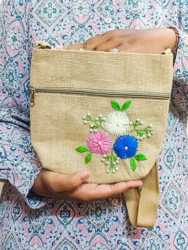 JUTE SLING BAG , DESIGNER HAND EMBROIERY BAG , SUSTAINABLE , TRICOLOR THREADS